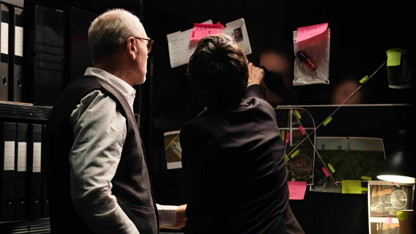 GRAVE: Avó teria 'vendido' três netas para piloto preso por pedofilia 6 Investigadores analisam mural com documentos, fotos e conexões de uma rede criminosa complexa