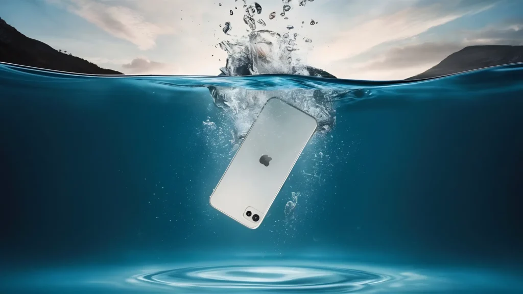 Celular caiu na água? Por que o truque do arroz pode ser perigoso e o que você deve usar no lugar 6 Celular caindo na água, destacando os riscos de tentar salvar dispositivos com o truque do arroz.