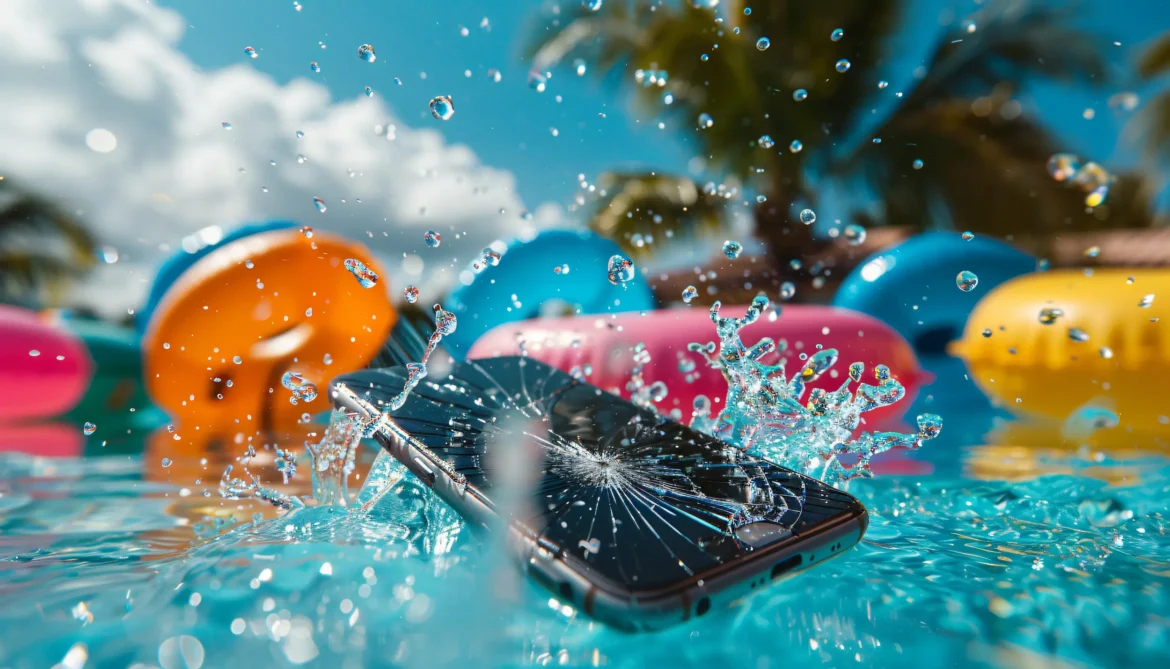 Celular com tela quebrada caindo na água, destacando a importância de saber como agir quando o dispositivo se molha.