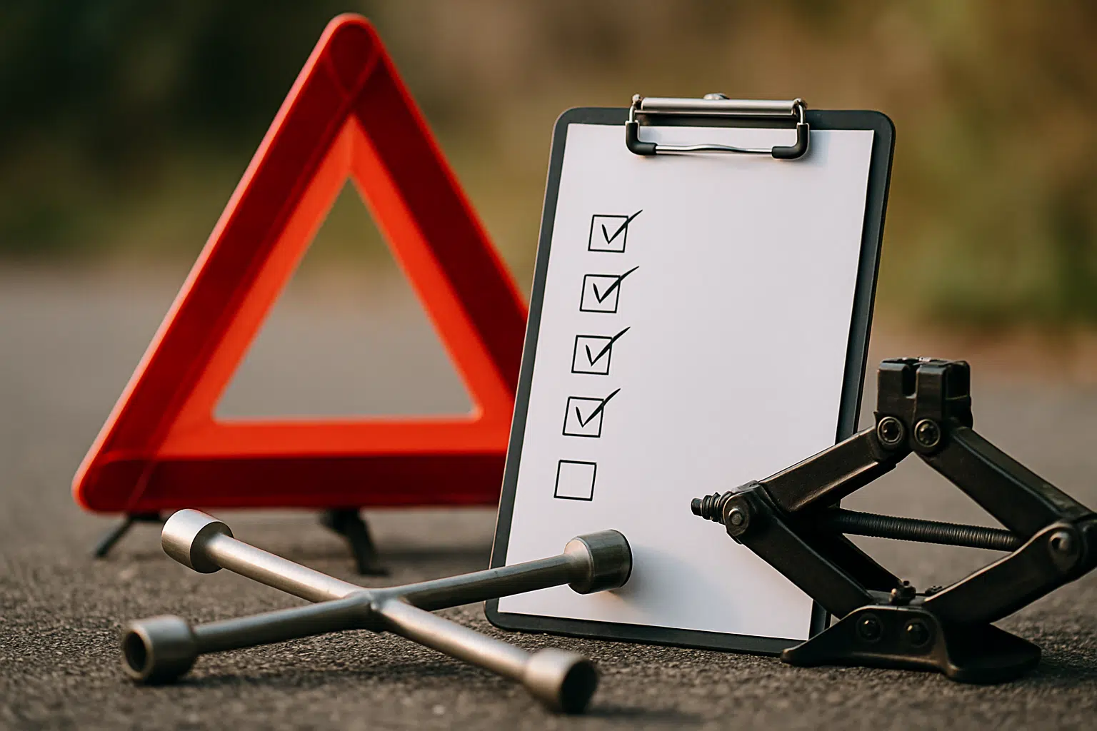 Check-up de Verão: O que você precisa revisar no carro antes de pegar a estrada em fevereiro 6 Triângulo de emergência, checklist em prancheta e ferramentas no asfalto