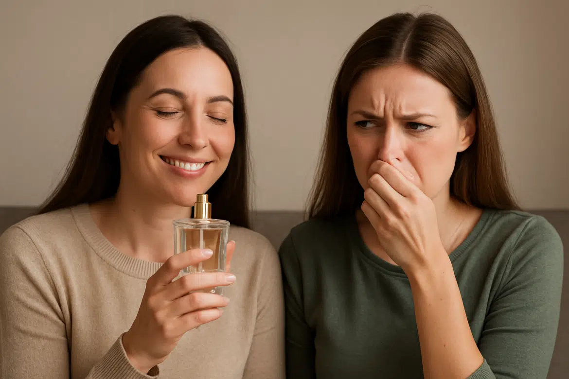 Duas mulheres sentadas, uma cheira perfume sorrindo enquanto a outra faz cara de desagrado tapando o nariz