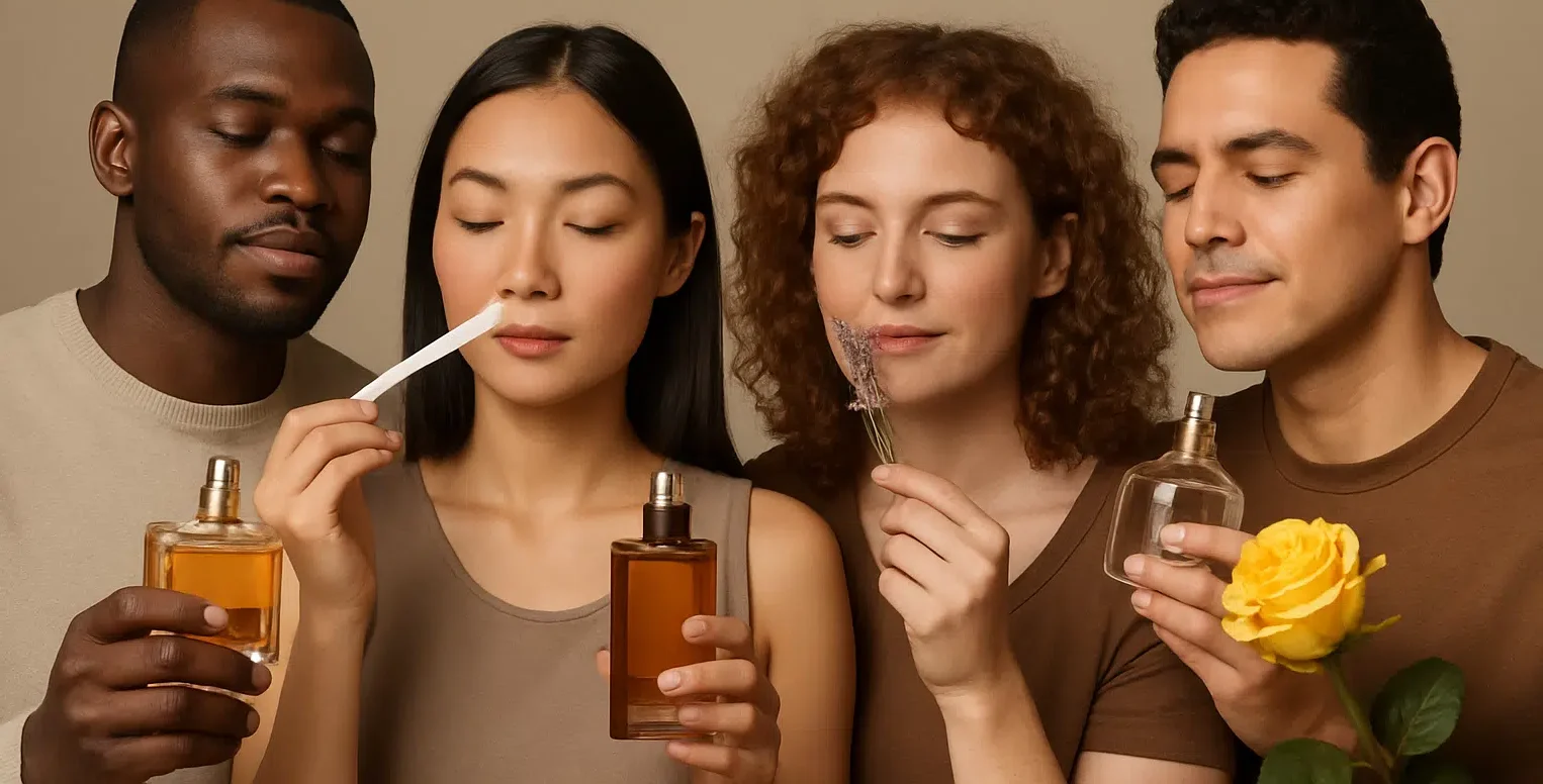 Por que gostamos de alguns perfumes e outros nos incomodam? A ciência explica 6 Quatro pessoas apreciando fragrâncias de perfumes, com flores e tiras olfativas