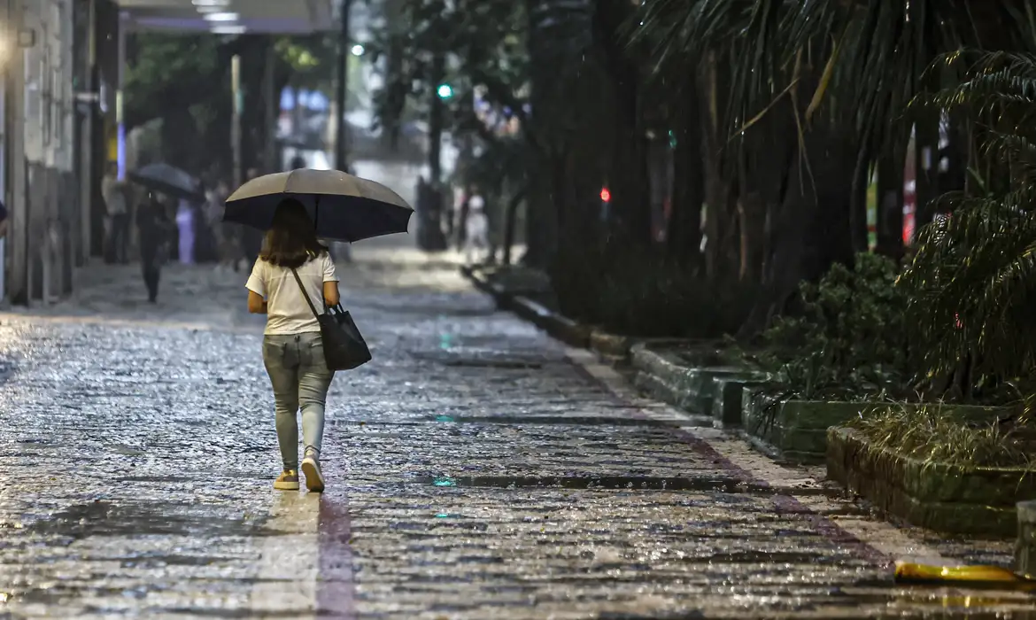 Alerta para chuvas fortes em regiões do país; confira 6 Pessoa caminhando por uma rua durante uma forte chuva, protegida por um guarda-chuva, em um cenário urbano.