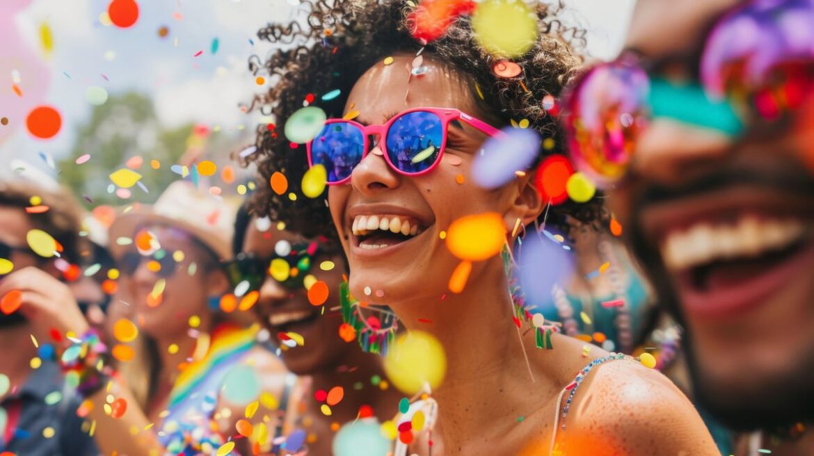 Close de uma mulher sorridente com óculos escuros rosa, celebrando em meio a confetes coloridos e pessoas alegres durante um bloco de rua no Carnaval.