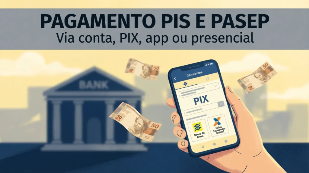 Consulta ao Abono Salarial já está disponível; veja calendário de pagamentos atualizado 6 Mão segurando celular com app de transferência PIX ao lado de banco e notas de R$ 50.