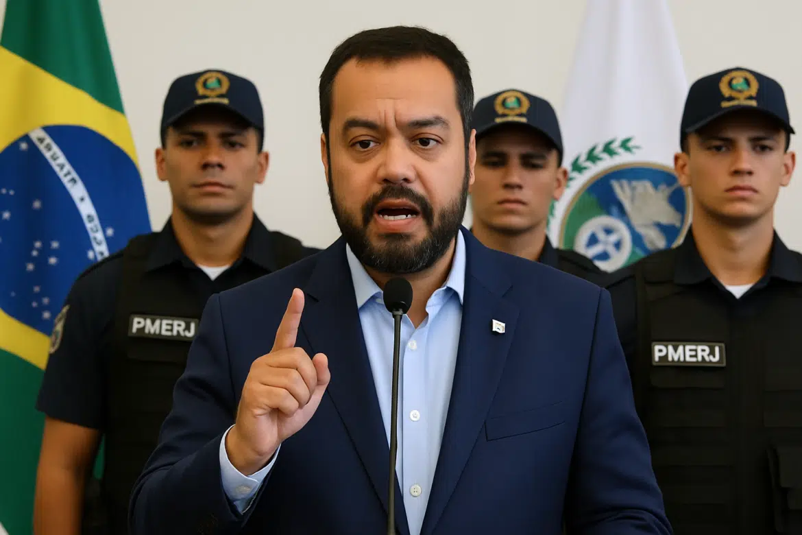 Homem de terno fala ao microfone com policiais militares da PMERJ ao fundo