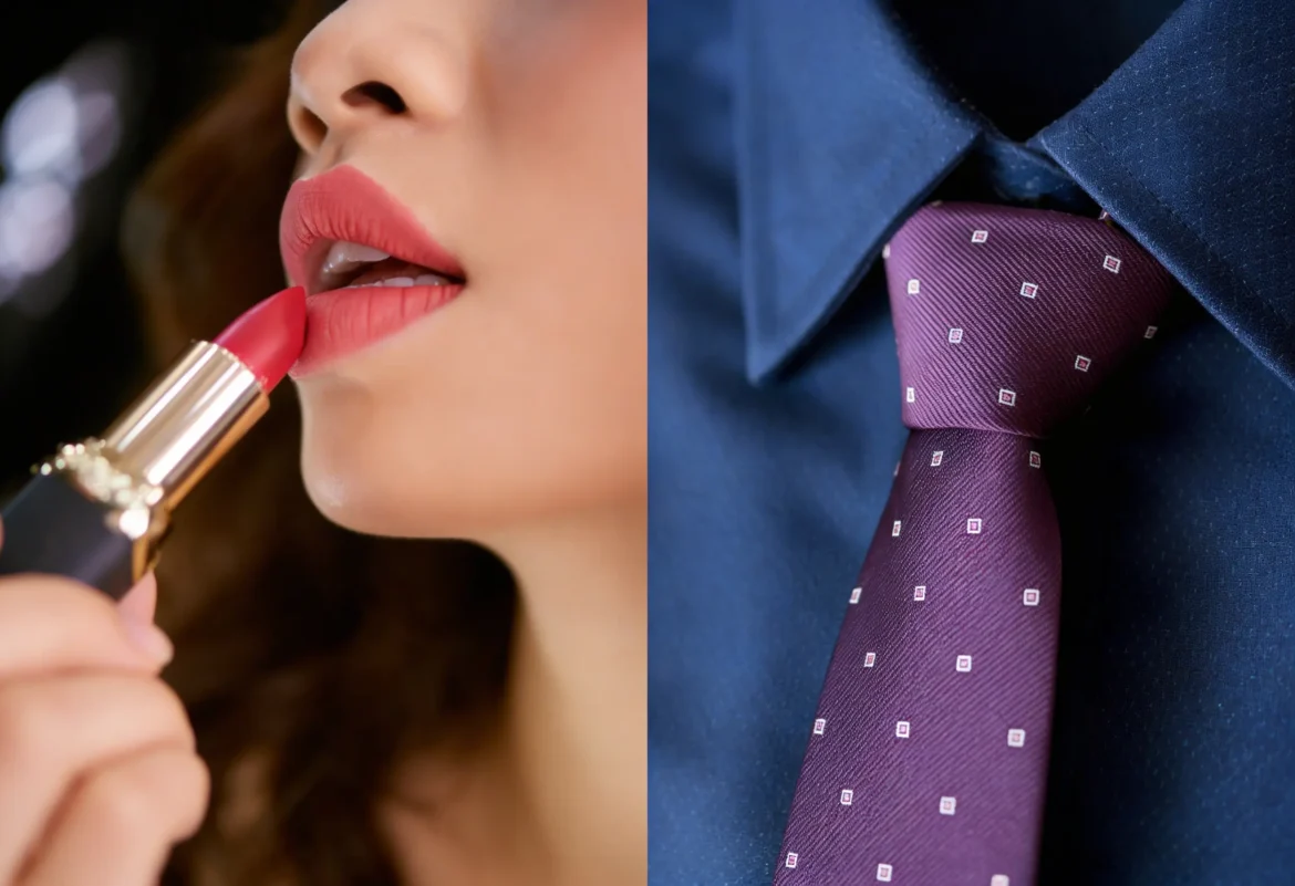 Mulher aplicando batom vermelho e homem usando gravata roxa elegante, representando cores que influenciam a persuasão em reuniões profissionais.