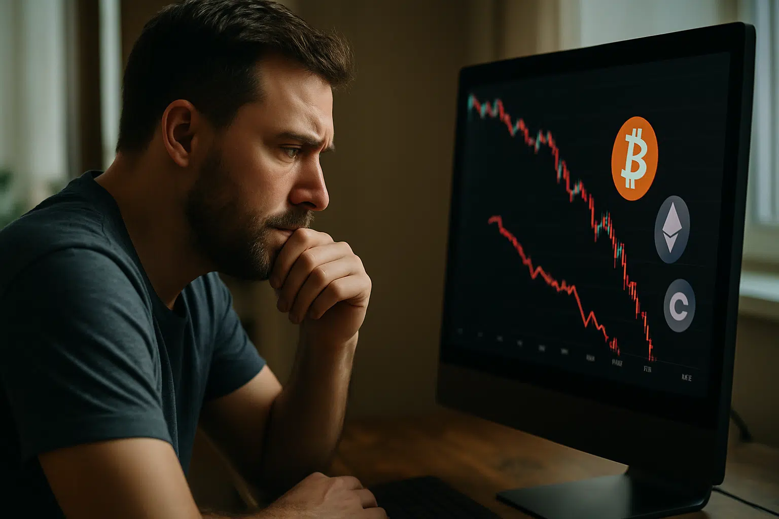 Criptomoeda em crise: Bitcoin perde mais de 20% do valor em 7 dias 6 Homem analisa gráfico de queda no monitor com ícones de Bitcoin, Ethereum e outra criptomoeda