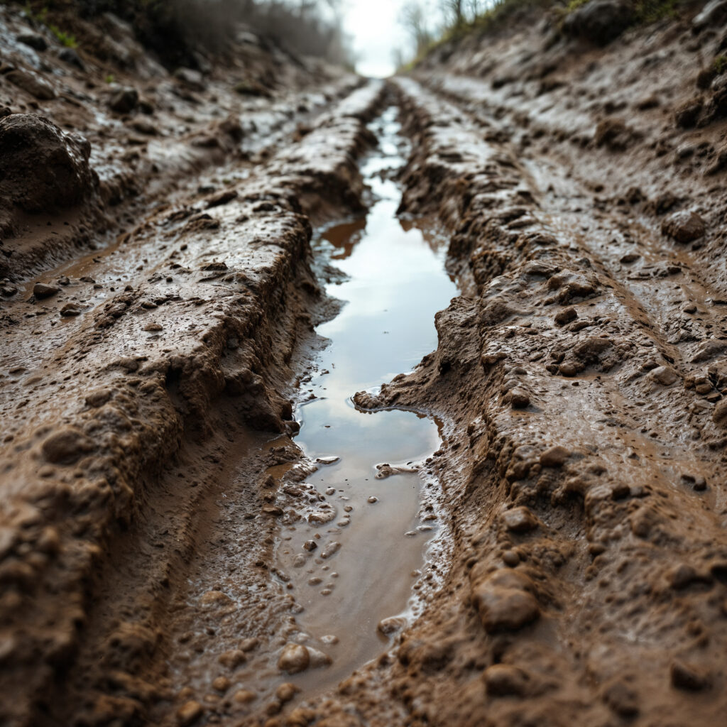 Atenção! 30 cidades de São Paulo sob alerta devido a risco de deslizamentos 6 Rastro profundo de pneu em uma estrada de terra lamacenta e molhada, com poças de água refletindo um céu claro ao fundo. Evoca as consequências de fortes chuvas em solo.