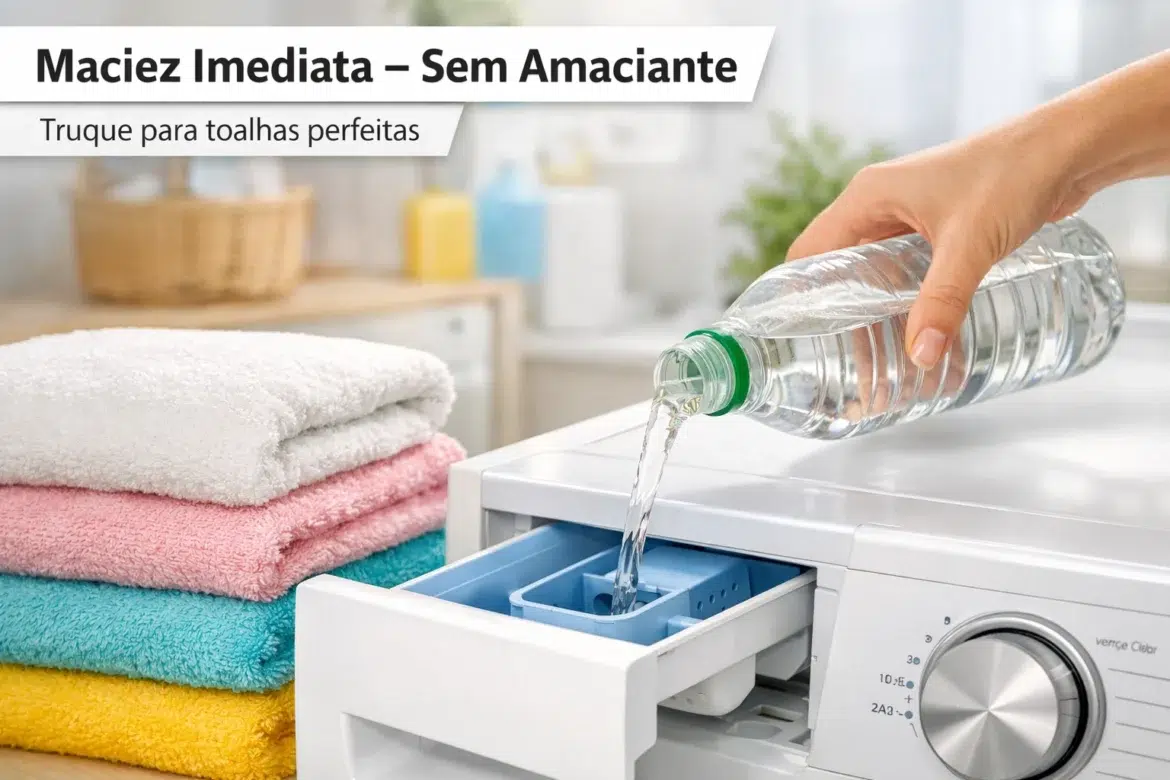Mão despejando vinagre em compartimento de máquina de lavar ao lado de toalhas coloridas