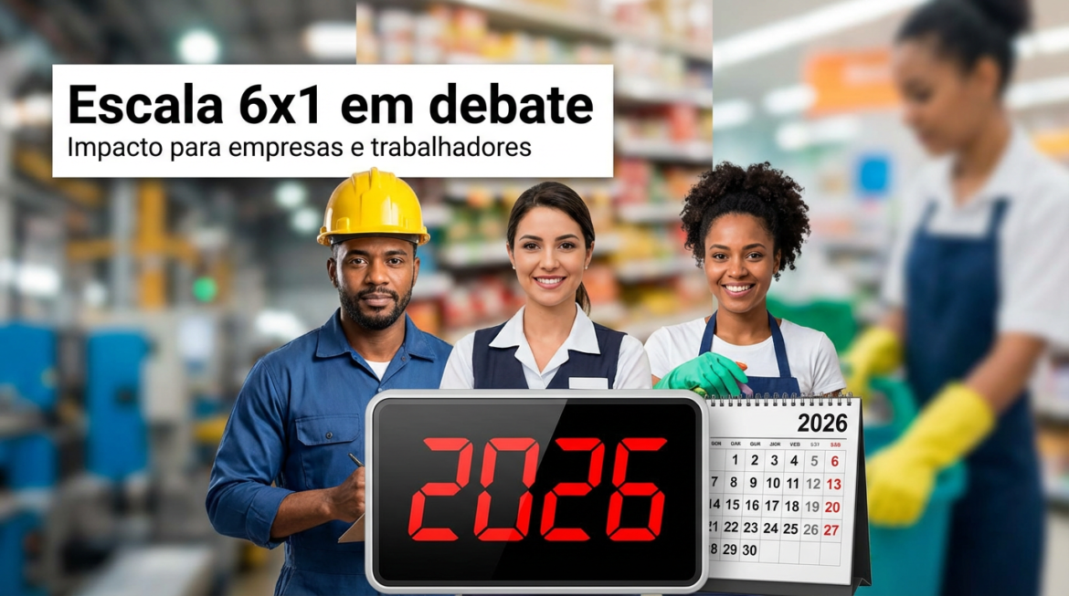 Trabalhadores de uniforme ao lado de calendário de 2026 em ambiente industrial e comercial.