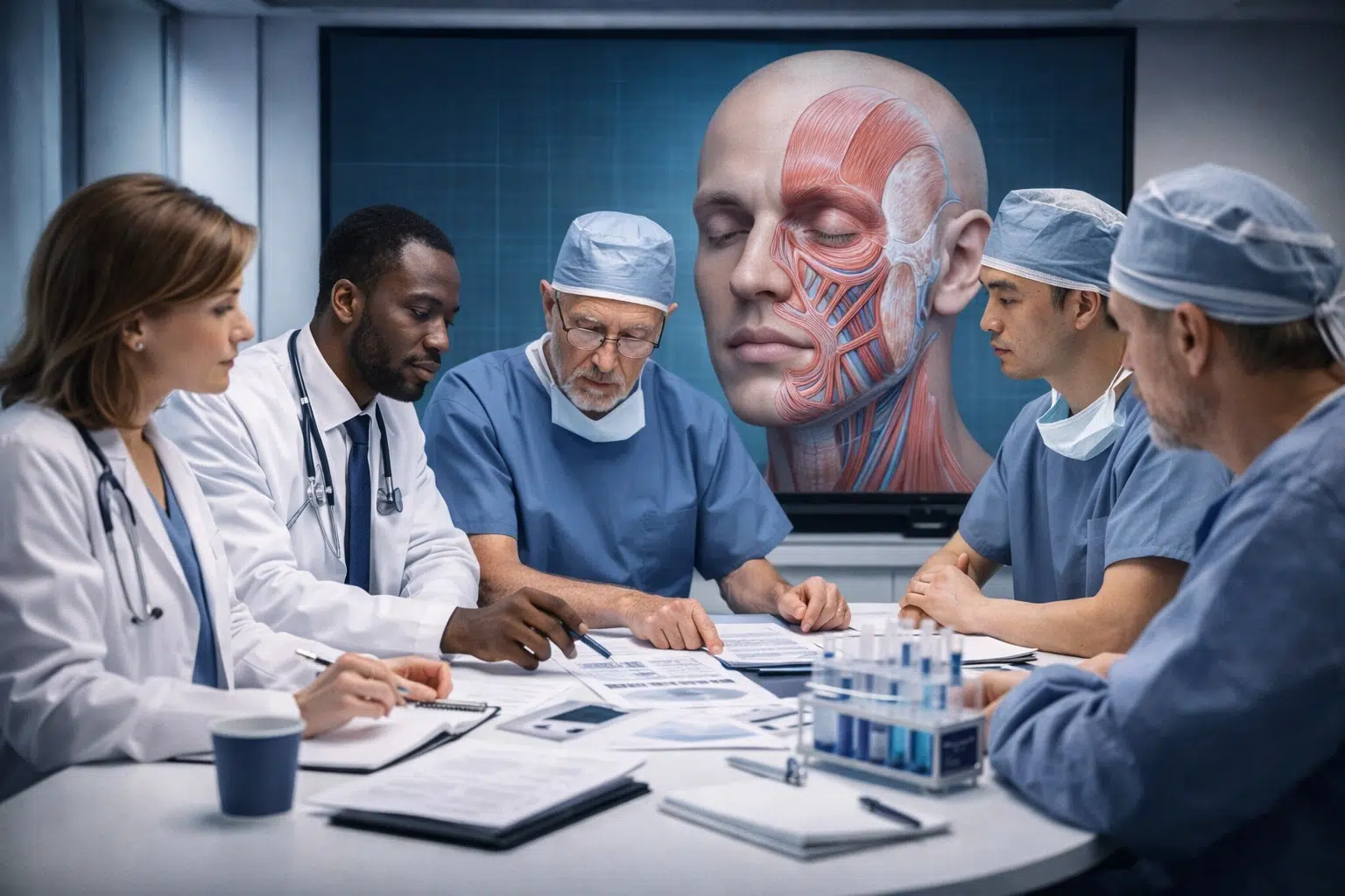Transplante facial inédito na Espanha usa doadora que optou pela morte assistida 6 Médicos analisando documentos enquanto projetam imagem anatômica facial em sala de cirurgia.