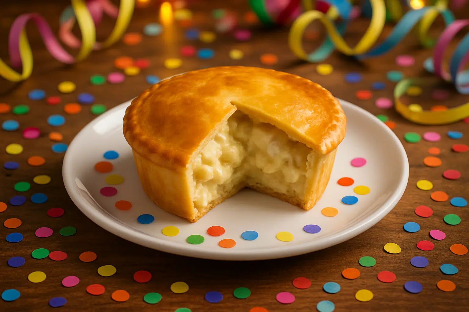 Receitas para o Carnaval: ideias deliciosas e fáceis para celebrar a folia em casa 8 Empadão de milho cortado servido em prato branco com confetes coloridos