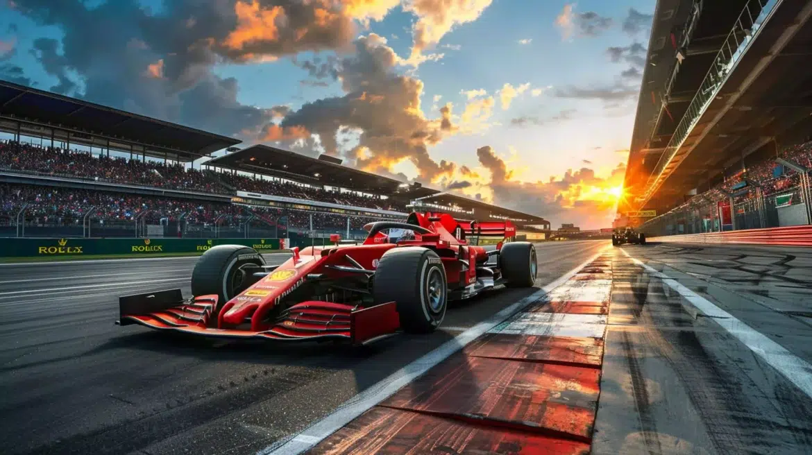 Carro vermelho de Fórmula 1 acelera na pista ao pôr do sol com arquibancada lotada
