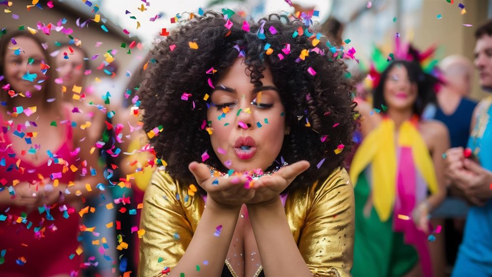 Quando é o Carnaval 2026? Veja as datas oficiais da folia neste ano 6 Uma mulher de pele morena com cabelos cacheados volumosos soprando confetes coloridos das palmas das mãos em uma festa de rua. Ela veste uma jaqueta dourada brilhante e está rodeada por foliões e confetes suspensos no ar.