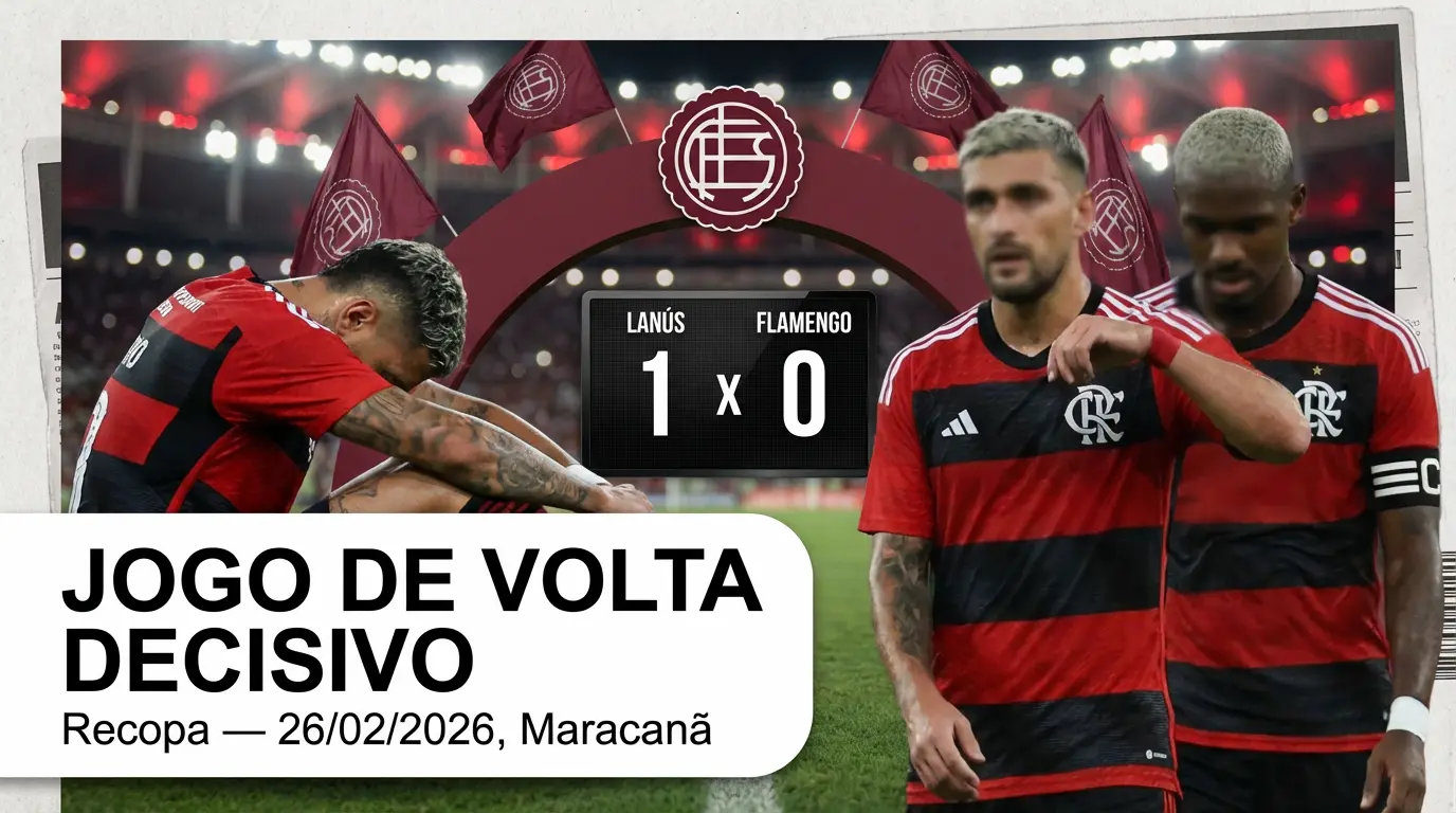 Vitória Fiel, Alerta no Flamengo e a Luta de Vini Jr.: Os Desdobramentos que Movimentam o Esporte Mundial Hoje 6 Atletas do Flamengo desolados em campo, placar mostra Lanús 1 x 0 Flamengo, luzes do estádio ao fundo.