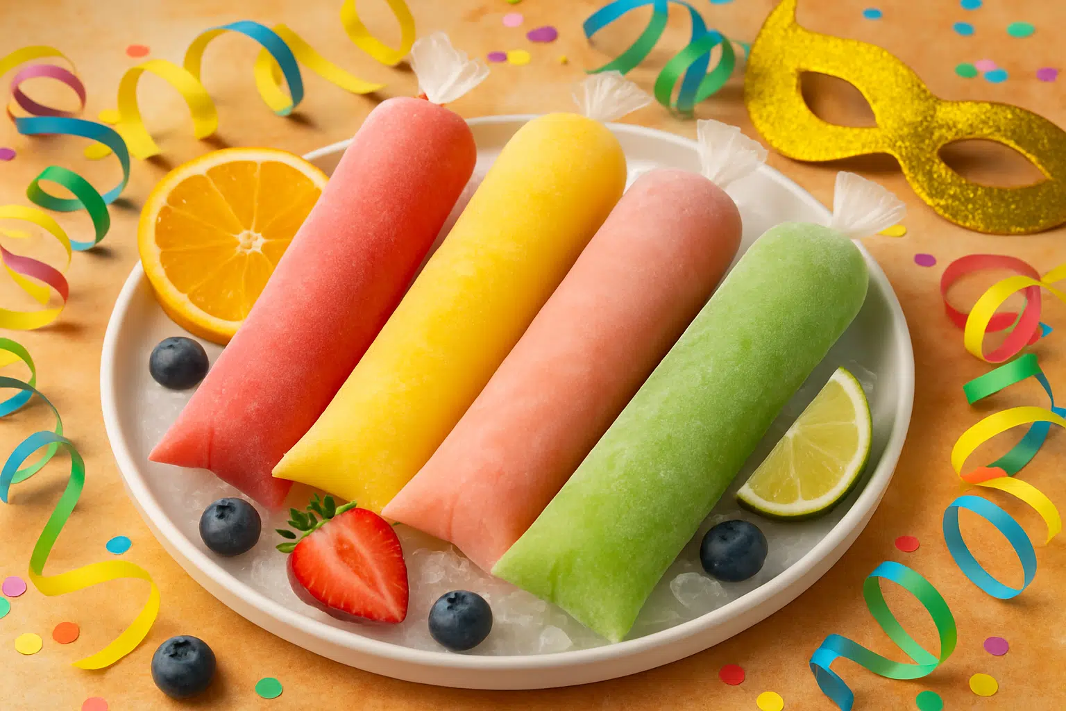 Receitas para o Carnaval: ideias deliciosas e fáceis para celebrar a folia em casa 9 Sorvetes de frutas coloridos em saquinho em um prato com frutas