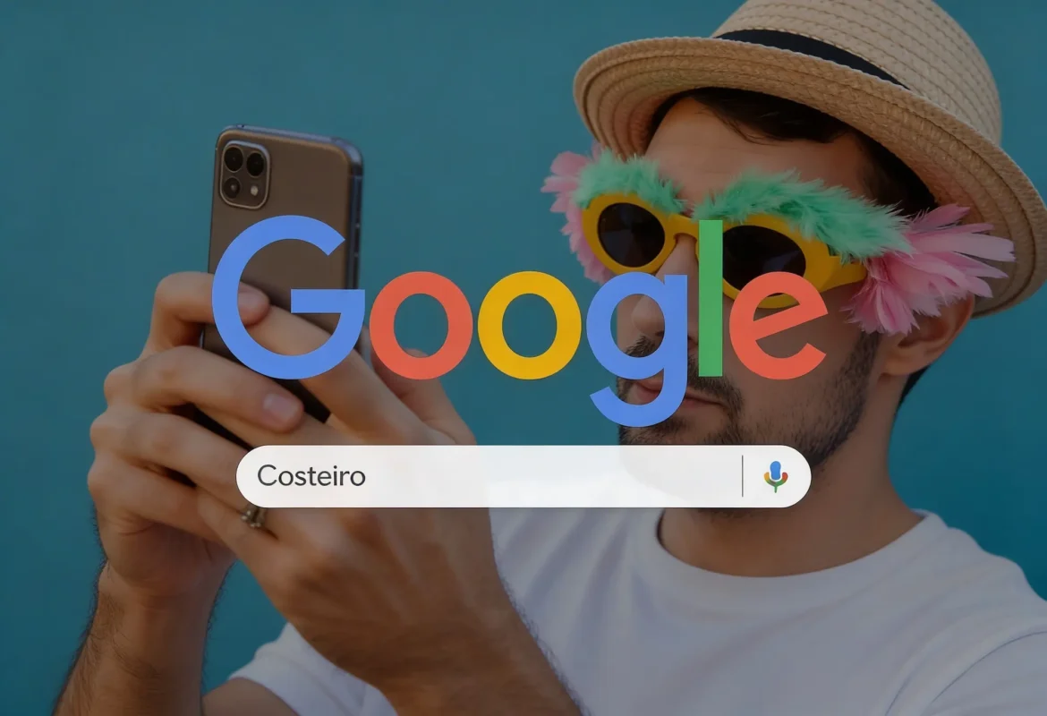 Pessoa com óculos e fantasia de Carnaval segurando celular, pesquisando sobre o termo 'costeiro' no Google.