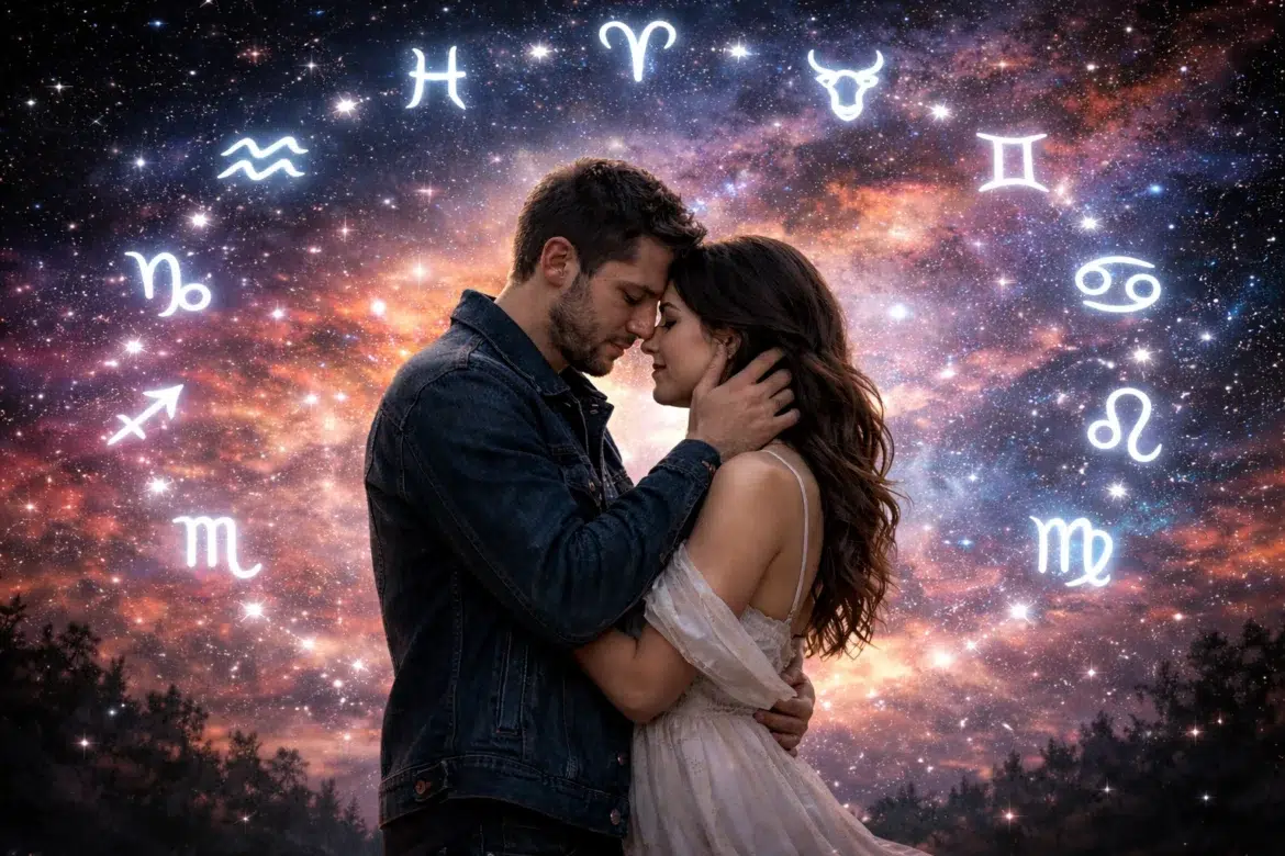 Casal jovem abraçado de olhos fechados, cercado por símbolos do zodíaco e céu estrelado ao fundo