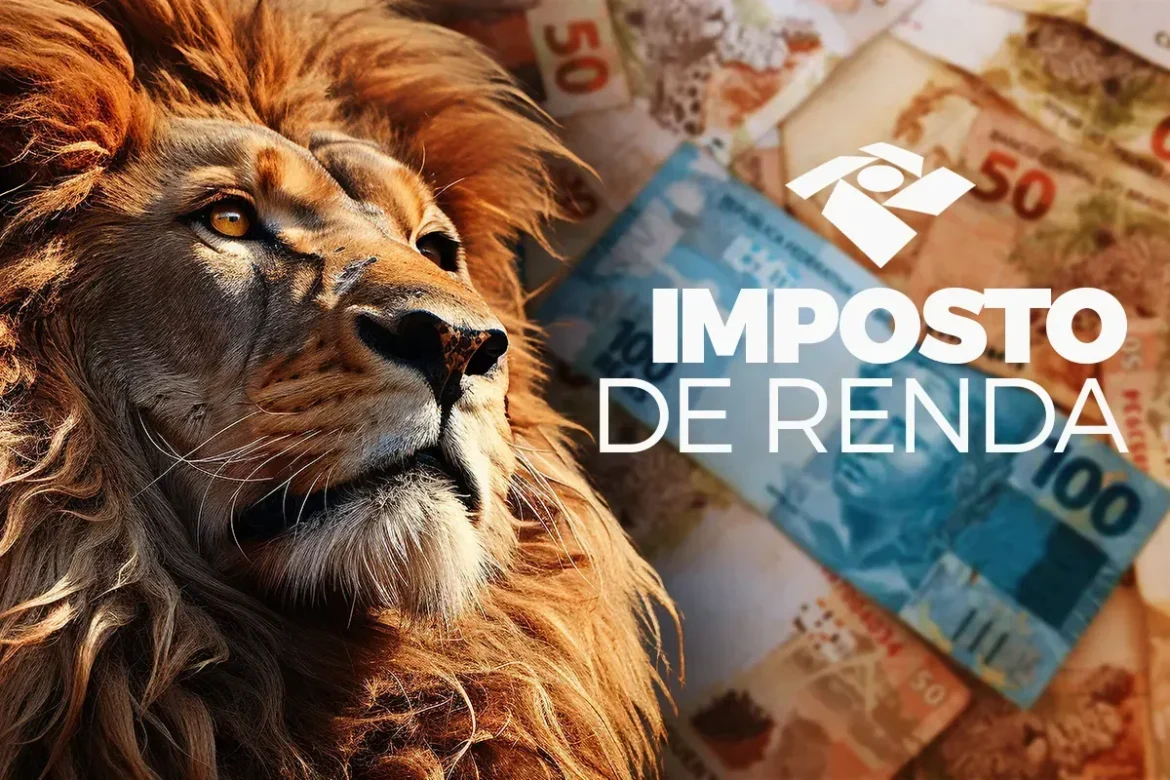 Leão do Imposto de Renda ao lado de notas de real ilustrando restituição do IRPF.