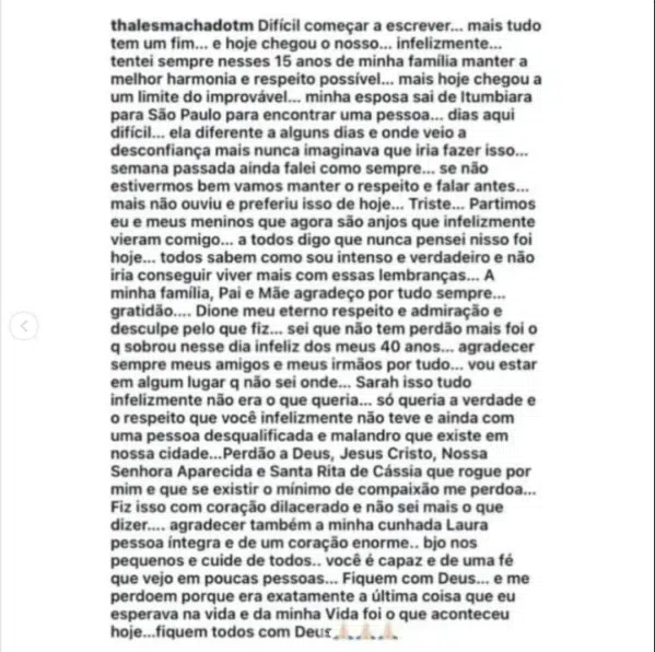 Tragédia em Goiás: secretário municipal tira a própria vida após atirar contra filhos 6 Captura de tela de publicação extensa nas redes sociais com relato pessoal relacionado a caso sob investigação policial.