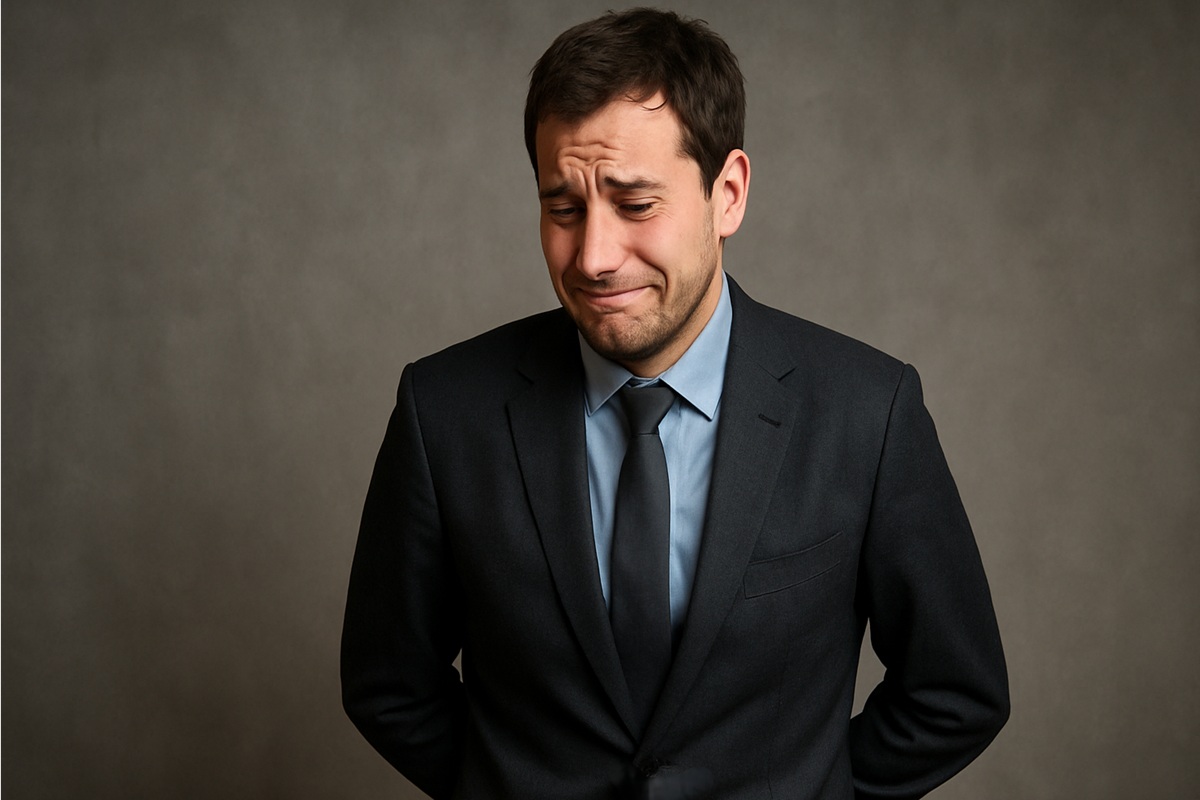 Linguagem corporal: 4 sinais com as mãos que mostram quando a pessoa está mentindo para você 6 Homem de terno com expressão culpada e mãos escondidas atrás das costas