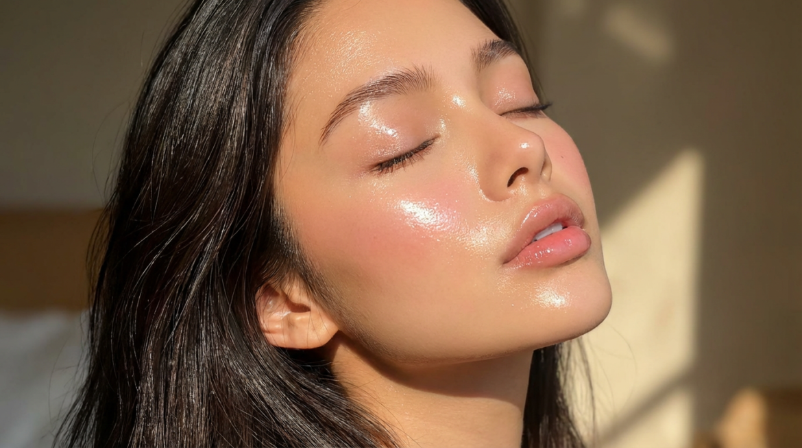 Rosto feminino com pele brilhante, olhos fechados, luz natural refletindo no rosto