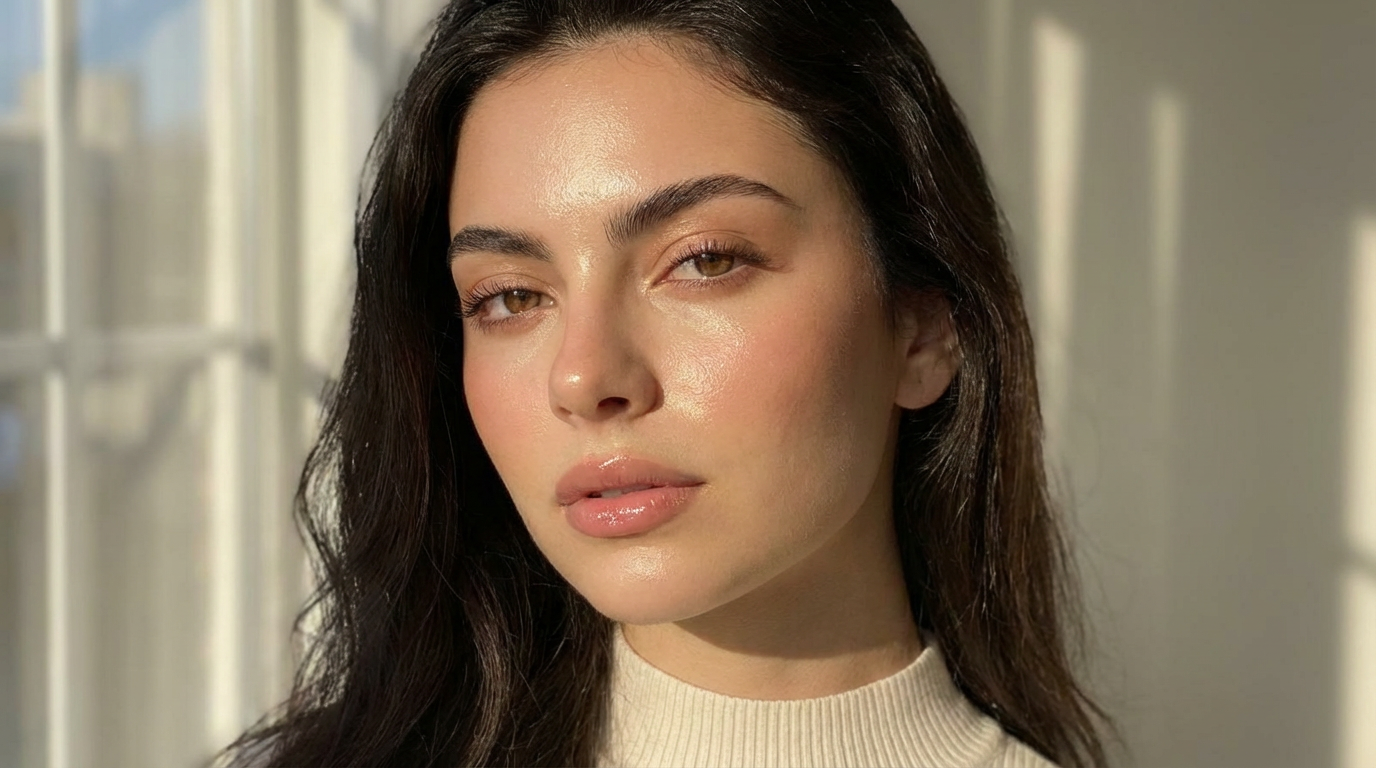 Maquiagem "Glass Skin": Como manter a pele brilhante e resistente ao suor no calor 6 Mulher jovem olha para a câmera com expressão serena sob luz suave ao lado de janela