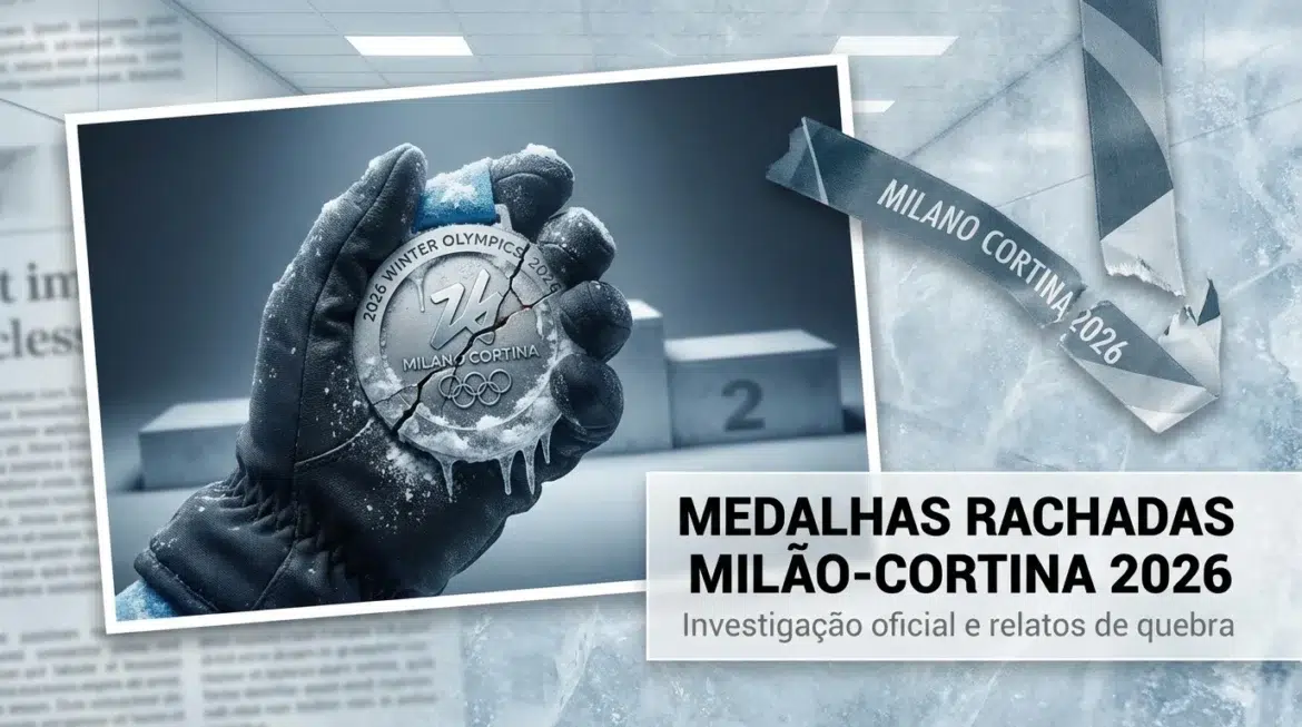 Mão com luva segura medalha de prata rachada em pódio dos Jogos de Inverno de 2026