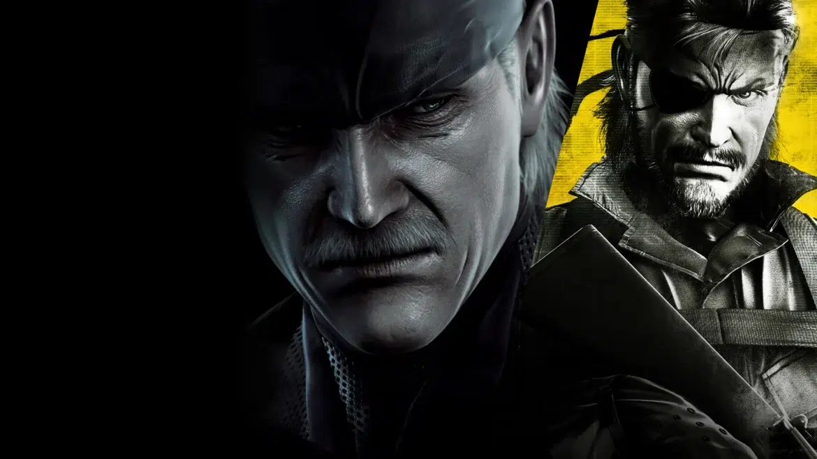 Dois personagens marcantes de Metal Gear em close, com expressões sérias e fundo escuro e amarelo.