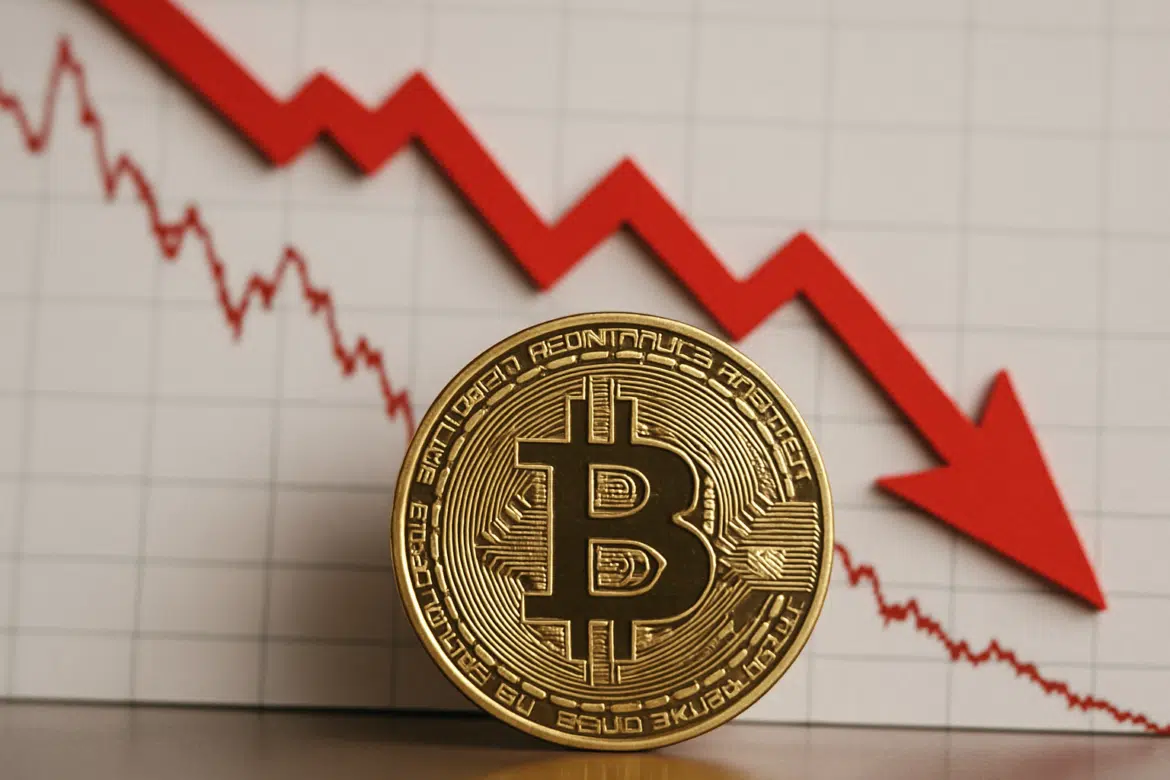 Moeda de bitcoin dourada posicionada diante de gráfico com seta vermelha descendente