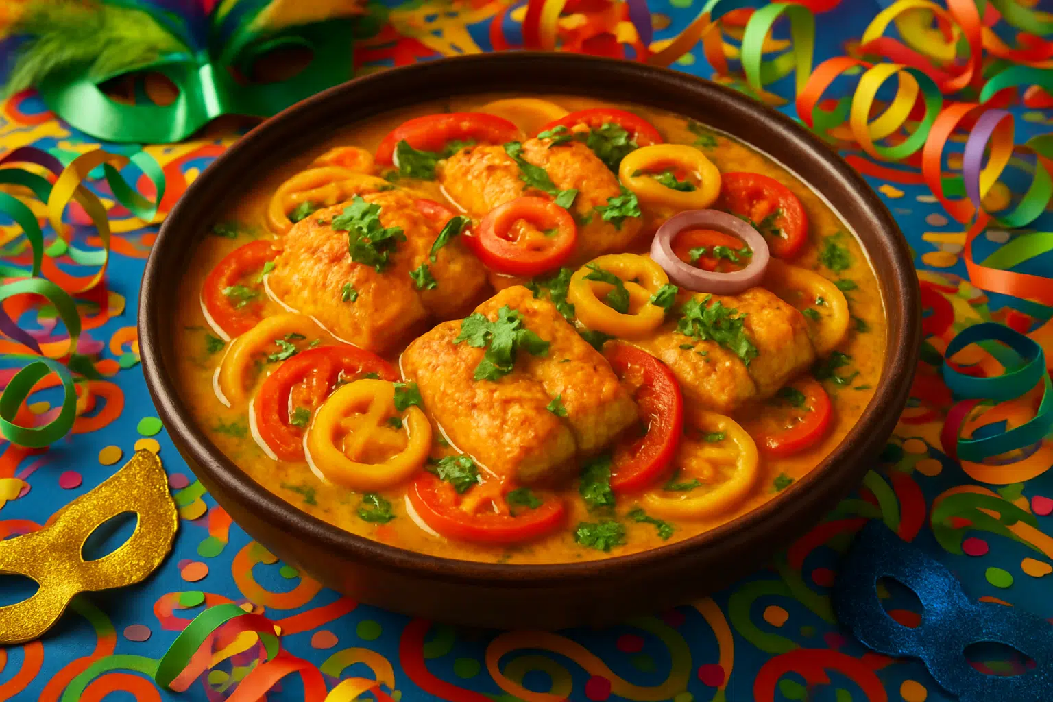 Receitas para o Carnaval: ideias deliciosas e fáceis para celebrar a folia em casa 6 Moqueca de peixe em um prato decorado com máscaras e serpentinas de Carnaval