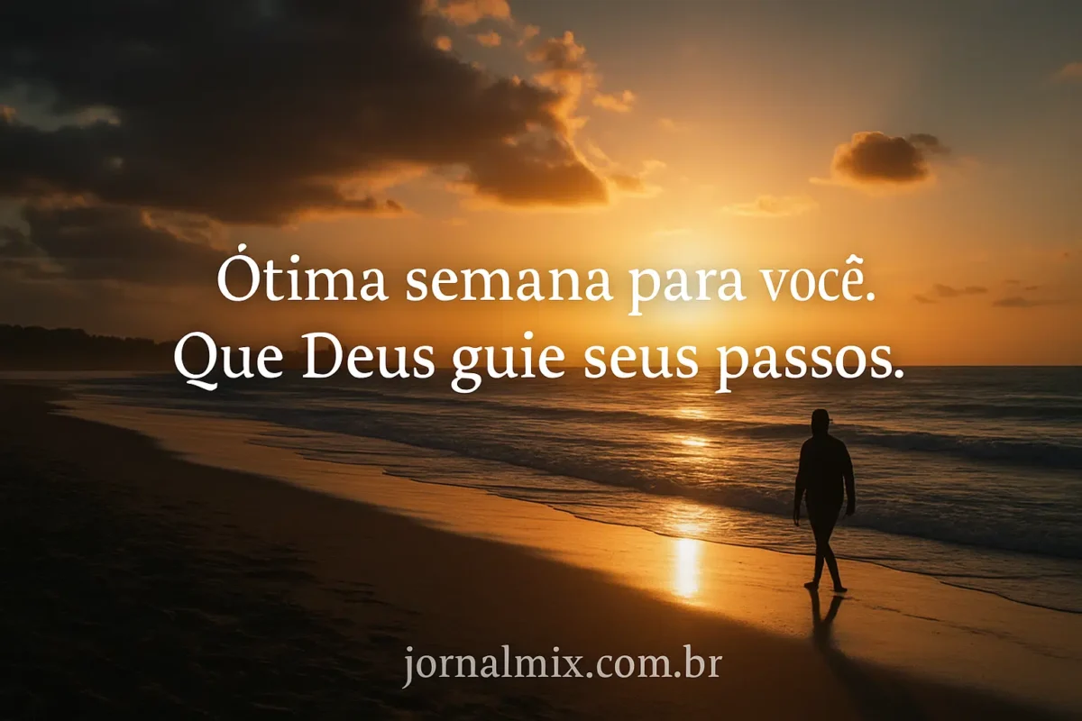 25 frases + imagens para uma semana abençoada: escolha e compartilhe no seu status do WhatsApp 6 Pessoa caminha sozinha na areia da praia ao pôr do sol com mensagem religiosa sobre a semana