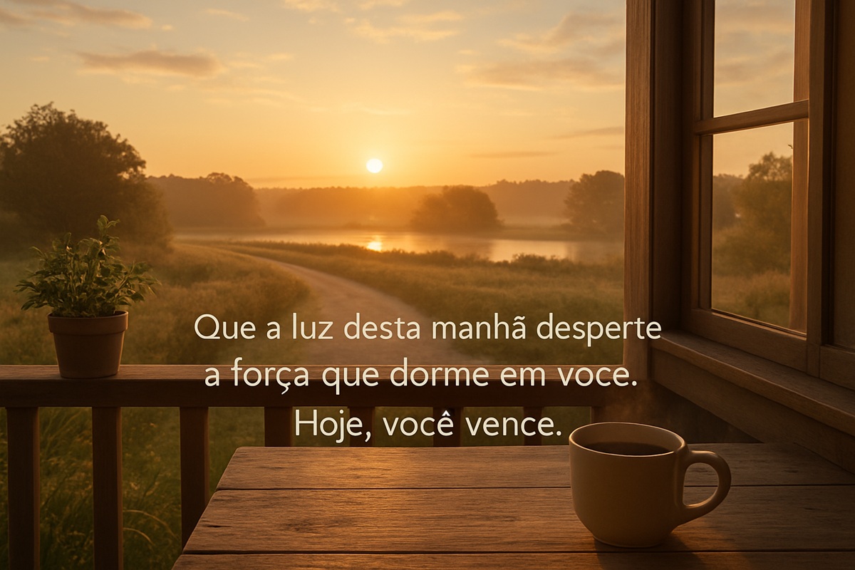 Boa semana cheia de luz! 30 mensagens para você enviar no WhatsApp e espalhar bons sentimentos 7 Xícara de café sobre parapeito de madeira, vista para trilha e lago ao nascer do sol, mensagem inspiradora no fundo