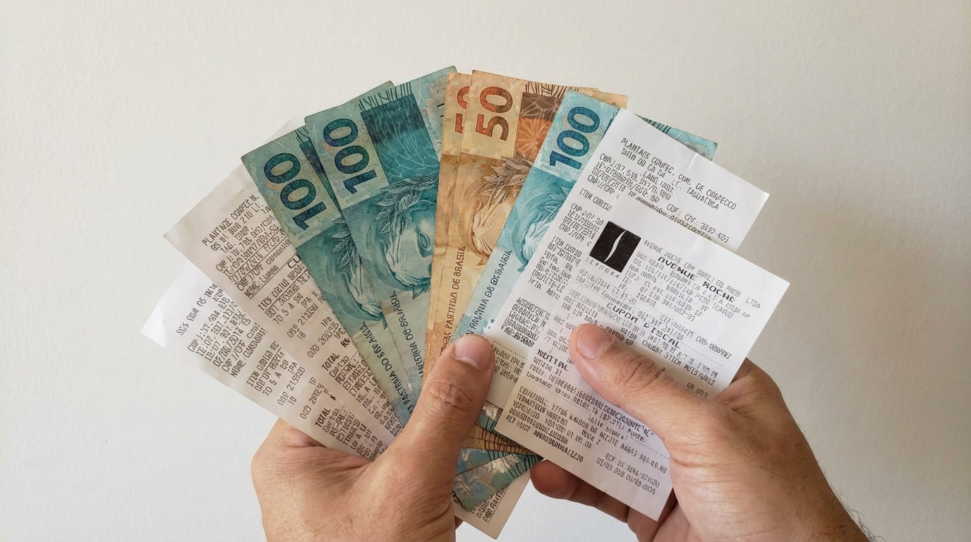 Por que você deve sempre pedir o CPF na nota? O benefício escondido que vira dinheiro na conta 6 Mãos segurando cédulas de R$100, R$50 e recibos fiscais em leque sobre fundo claro