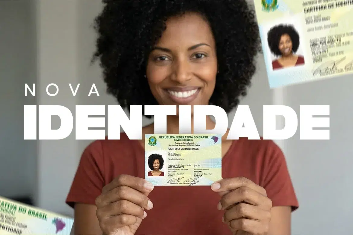 Mulher sorrindo segura a nova Carteira de Identidade brasileira em destaque, com design atualizado e informações visíveis.