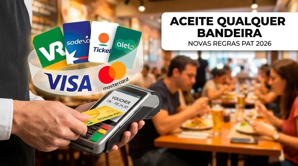 Mão de atendente usando máquina de cartões com bandeiras VR, Alelo, Ticket, Sodexo e clientes ao fundo.