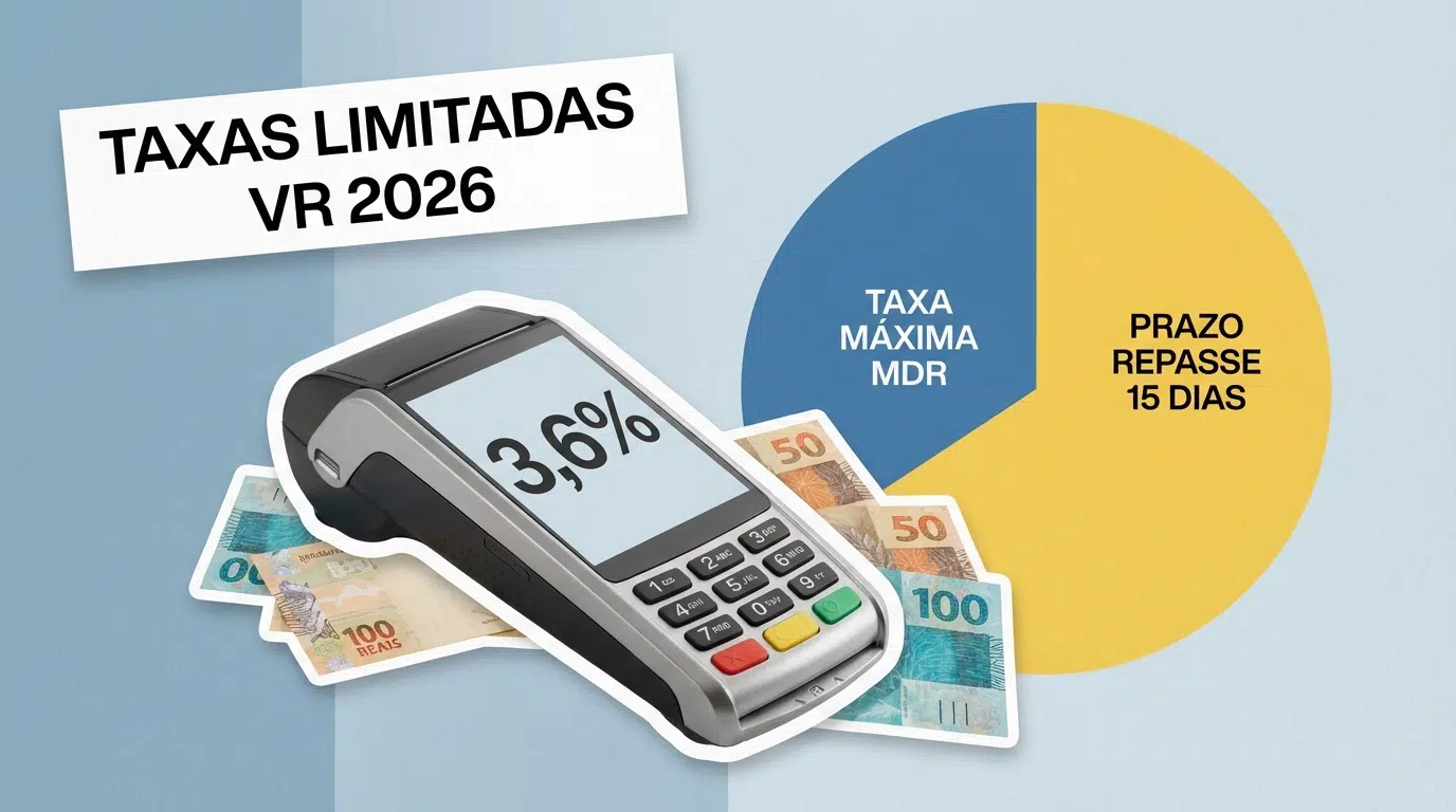 Vale-Refeição: novas regras começam a valer nesta segunda-feira 6 Máquina de cartão exibe 3,6% ao lado de notas de reais e gráfico pizza com regras VR 2026