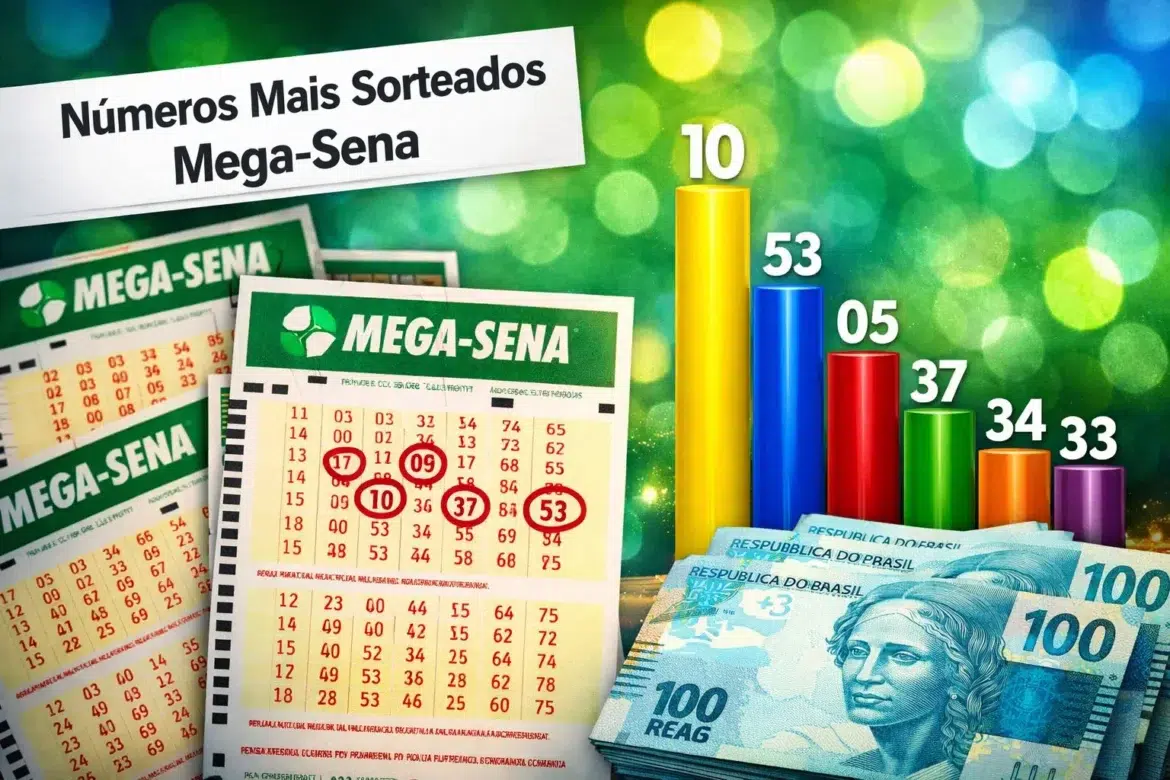 Volantes da Mega-Sena ao lado de gráfico colorido destacando os números mais sorteados e cédulas de 100 reais.