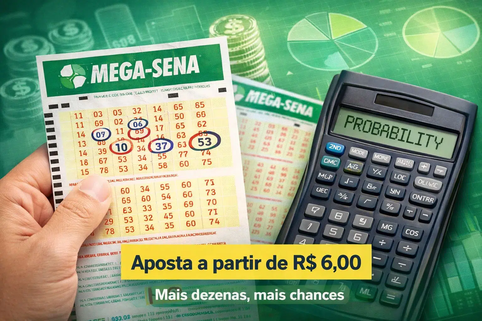 Sorte acumulada: Saiba quais são os números que mais saíram nos últimos sorteios da Mega-Sena 6 Mão segurando volante da Mega-Sena com dezenas 06, 07, 09, 10, 37 e 53 marcadas ao lado de calculadora.