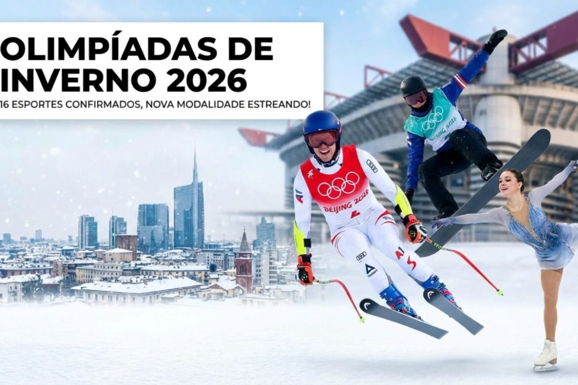 Esquiador, snowboarder e patinadora no gelo em destaque sobre fundo de cidade nevada e estádio