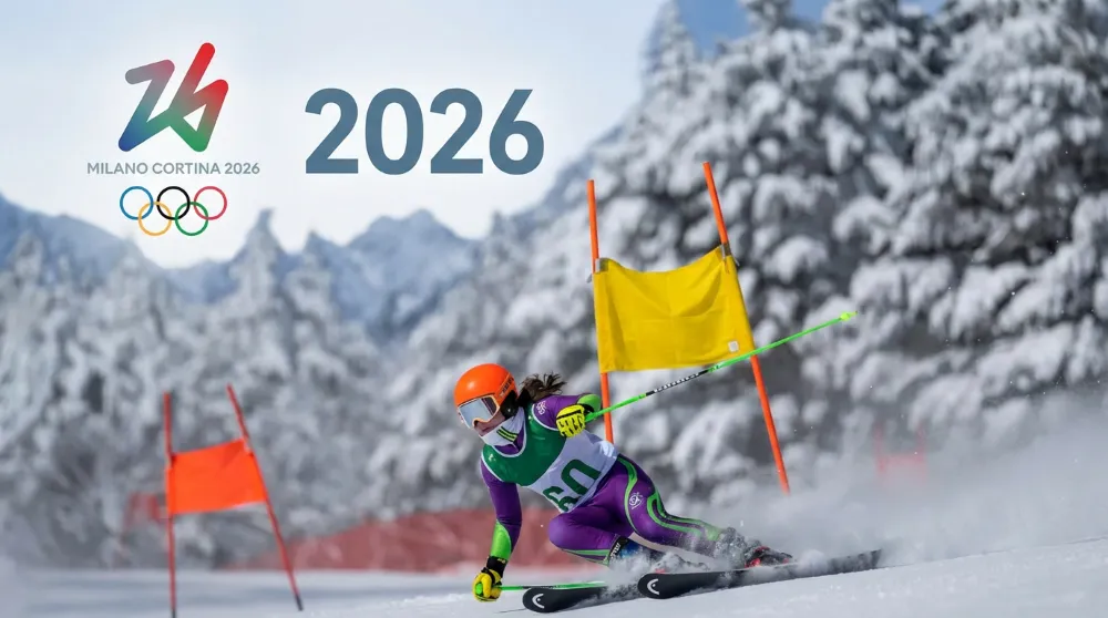 Olimpíadas de Inverno 2026: descubra todas as modalidades que serão disputadas 6 Atleta em ação nas Olimpíadas de Inverno competindo em esqui alpino, com bandeiras de marcação no fundo coberto de neve.