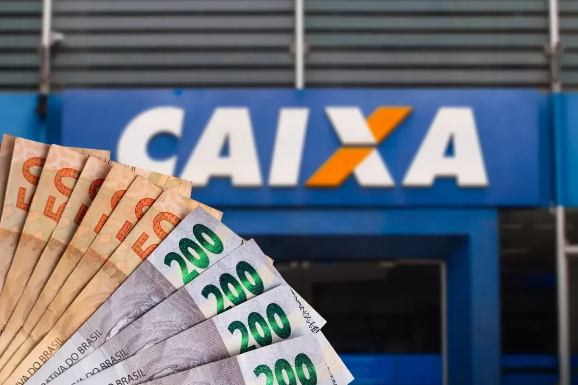 Logotipo da Caixa Econômica Federal com foco em agência e notas de duzentos e cinquenta reais, relacionado ao saque do FGTS após calamidade em Minas Gerais.