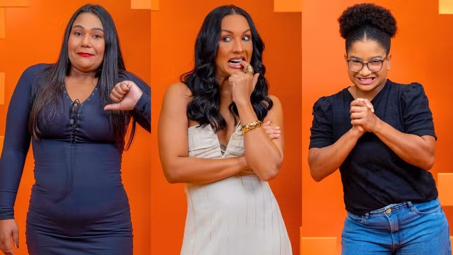 Paredão: Enquete aponta qual sister tem mais rejeição no BBB 26 6 Três mulheres lado a lado exibem diferentes expressões faciais em fundo laranja