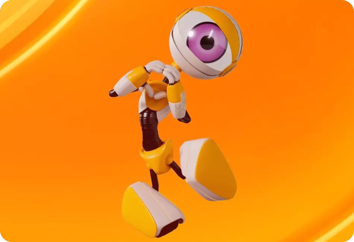 Personagem animado com grandes olhos roxos e corpo futurista, em um fundo laranja, relacionado ao anúncio do próximo paredão falso no BBB 26.