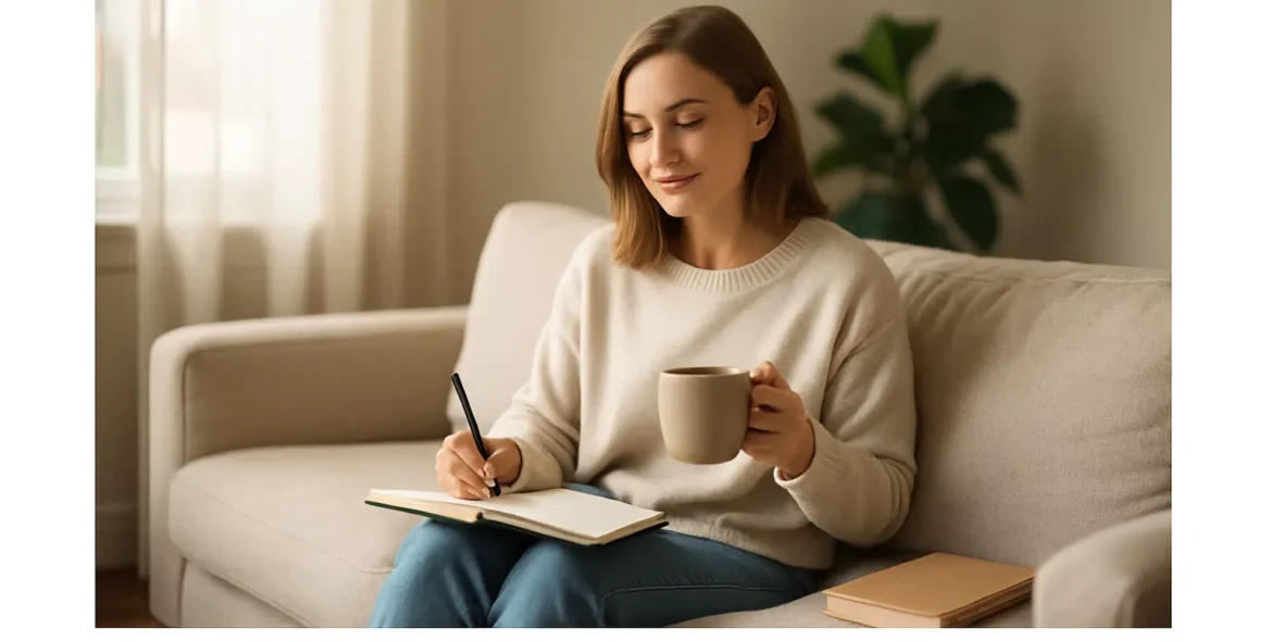 Jovem segura caneca e escreve em caderno sentada em sofá bege com planta ao fundo.