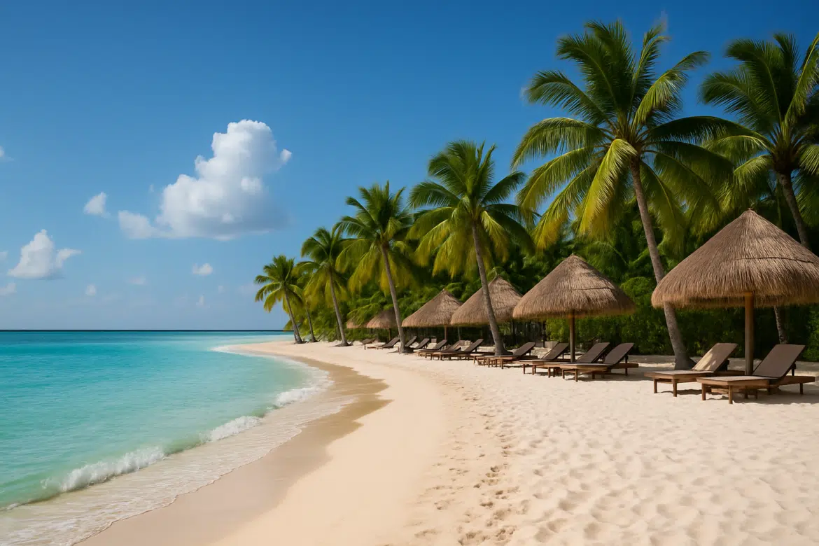 Praia tropical com areia branca, coqueiros, guarda-sóis de palha e espreguiçadeiras ao lado do mar azul