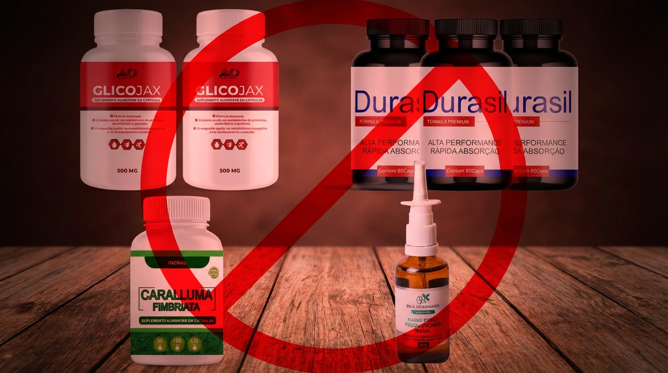 Mais um! Anvisa interdita leite condensado por bactéria; confira lista de itens banidos em 2026 6 Frascos de suplementos com tarja vermelha de proibido sobre mesa de madeira