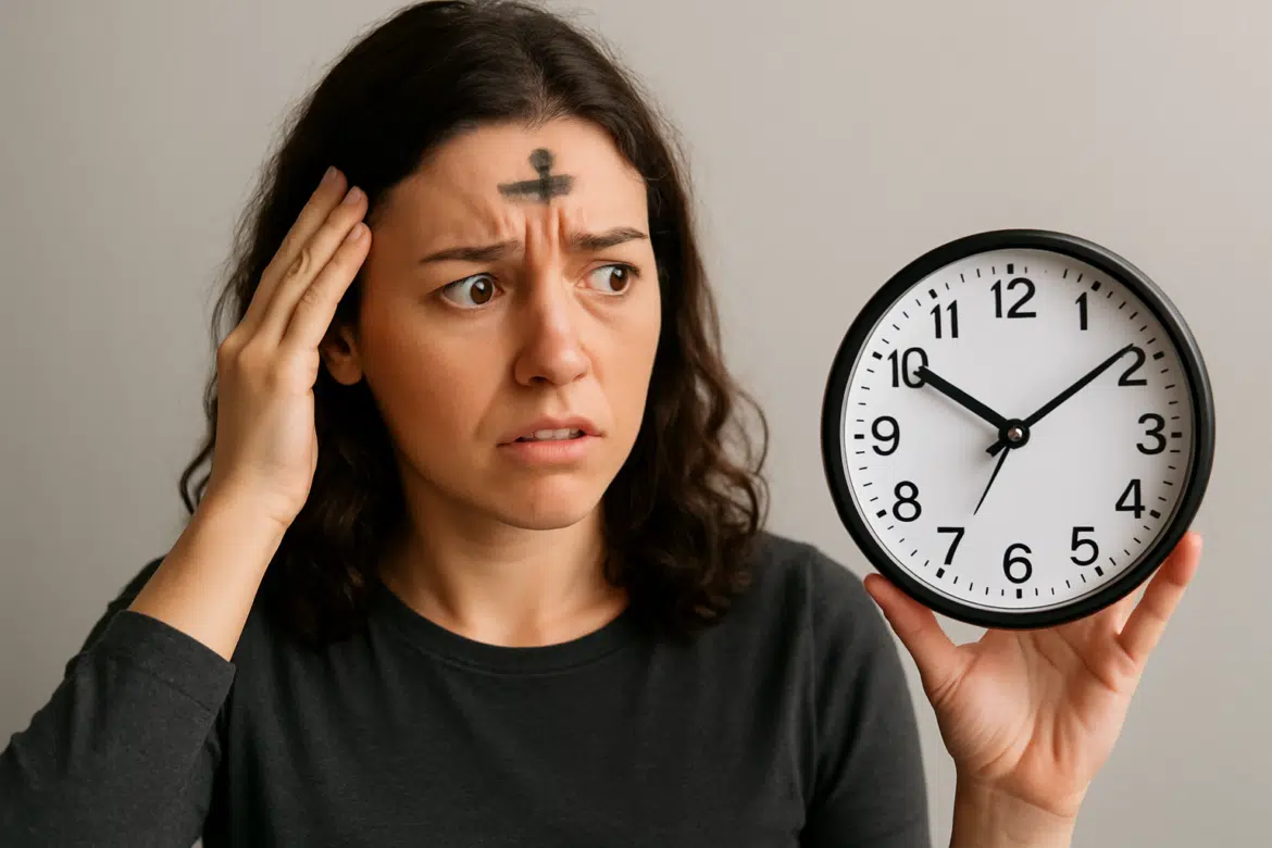 Mulher com cruz de cinzas na testa segura relógio e aparenta dúvida