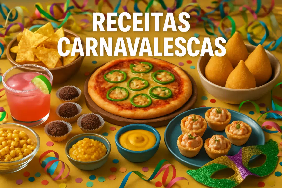 Mesa com petiscos variados de carnaval, pizza, doces e bebidas, com enfeites coloridos